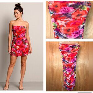 Express Ruched Floral Strapless Mini Bodycon Dress - Sz 6